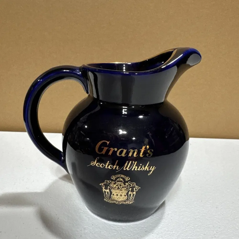 Vtg Grant's Scotch Whisky Water Juice Blue Pitcher Gold Accents Wade Regicor